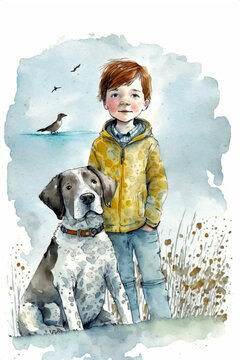 Young boy with his dog on the spring meadow. Children watercolor illustration. Ai illustration, fantasy digital painting, artificial intelligence artwork