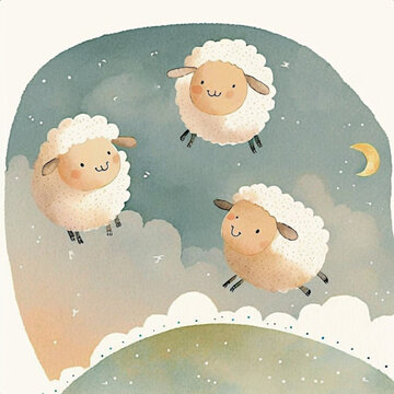 Sheeps  jumping over the moon. Children watercolor illustration, poster. Good night, sweet dreams. Counting sheep. Ai illustration, fantasy digital painting , artificial intelligence artwork