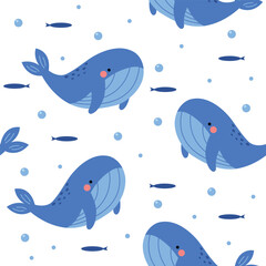 Vector hand drawn colorful childish seamless repeat simple flat pattern with whales and fishes on white background. Cute baby animals. Pattern for children with whales. Sea. Ocean.