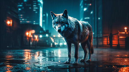 A fox is standing in a city at night