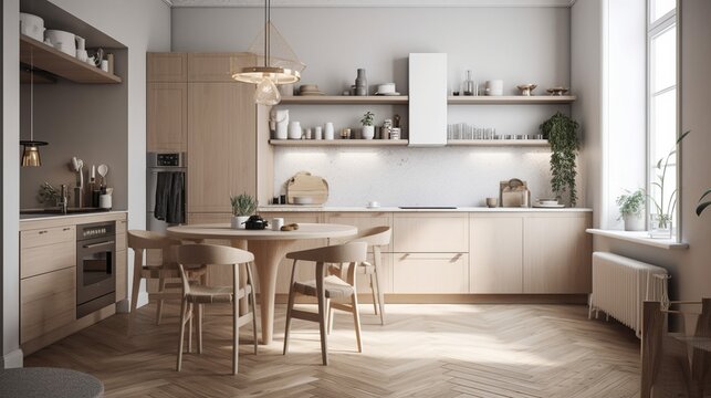 Modern Scandinavian Kitchen Interior. Contemporary Inspirational Living Space. Photorealistic Ai generated