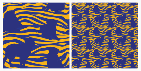 Dog silhouettes pattern fabric. Elegant, extravagant seamless background, abstract background with blue Bernese Mountain dog shapes. Present for Dog Lovers. Blue and yellow zebra. Birthday wrapping.