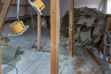 Destruction of property, structures in catastrophe. Destruction of property, structures in earthquake or ruins of house during war.