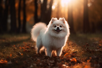 Naklejka na ściany i meble Radiant Pomeranian: Sunset Action Portrait of a White Dog in Vibrant Motion on Park Grass, with Warm Colors and Glowing Aura. Generative AI.