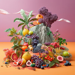 Obraz na płótnie Canvas A large pile of fruits and vegetables against a background of mountains. Generative AI. High quality photo