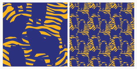 Dog silhouettes pattern fabric. Elegant, extravagant seamless background, abstract background with blue chow chow dog shapes. Present for Dog Lovers. Blue and yellow zebra. Birthday wrapping.