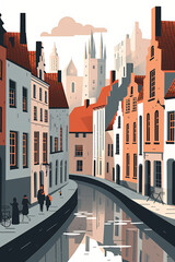 Obraz premium Streets of Bruges, children's book illustration style, simple, cute, flat color, plain white background. capital of West Flanders in northwestern Belgium. made with ai
