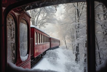 Vintage Train Ride Through Snowy Forest. Generative AI. - obrazy, fototapety, plakaty