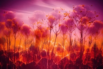 Fotobehang A Surrealistic Blend of Orange and Purple Trees with Sunlight on Dreamy Multiple Exposure Background. Generative AI. © Henry Letham