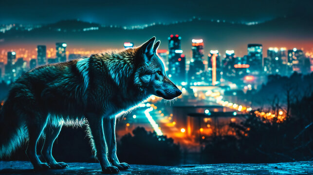 A photograph of a wolf standing in a city at night