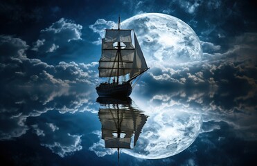 Fantastical Dreamscape: Sailboat glides under the mystical moonlight. Generative AI.