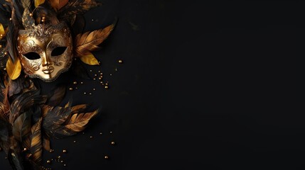 Mardi Gras Venetian Mask with Golden Leaves and Flowers on Black Carnival Background. Generative AI.