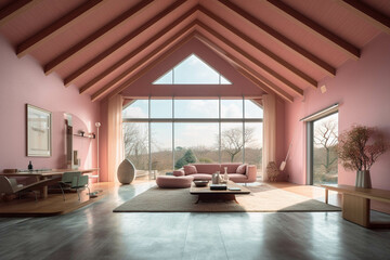 Minimalist Dinning room.Pink color palette. Centered perspective. Interior Design
