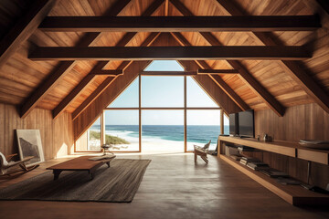 Minimalist Dinning room.COASTAL / BEACHY style. Centered perspective. Interior Design