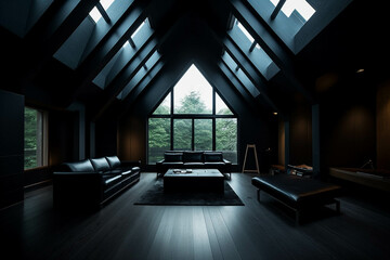 Minimalist Dinning room.Dark black color palette. Centered perspective. Interior Design