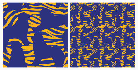 Dog silhouettes pattern fabric. Elegant, soft seamless background, abstract background with negative space Newfoundland dog shapes for Dog Lovers. Blue and yellow zebra. Birthday present wrapping