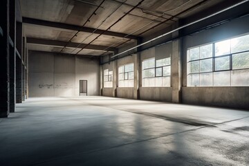 empty warehouse with concrete floor. Generative AI