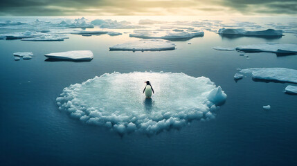 Penguin standing out on an ice floe in an Antarctic ocean