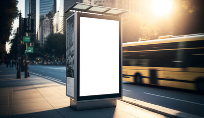 Empty space advertisement board, blank white signboard on roadside in city, Blank Billboard in city, Bus stop blank billboard, generative ai
