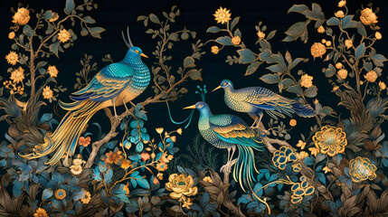 Vintage wallpaper with blue and gold birds on a black background