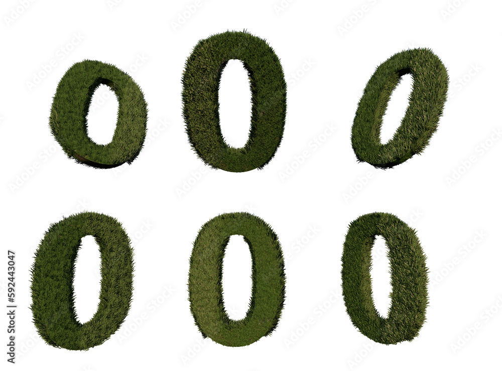Poster 3d rendering number 0 from grass in different positions