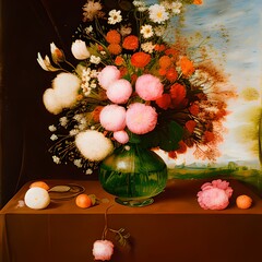 Still life with flowers in the style of old baroque painting, floral decoration in a green vase ai Generated, generative AI, CGI graphics