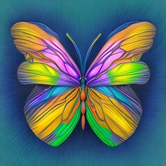 Drawing of a fantastic colorful butterfly in rainbow colors on a blue background ai Generated, generative AI, CGI graphics