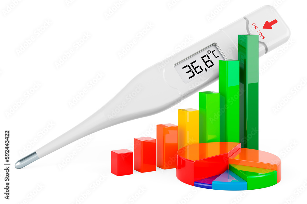 Poster digital electronic thermometer with growth bar graph and pie chart. 3d rendering