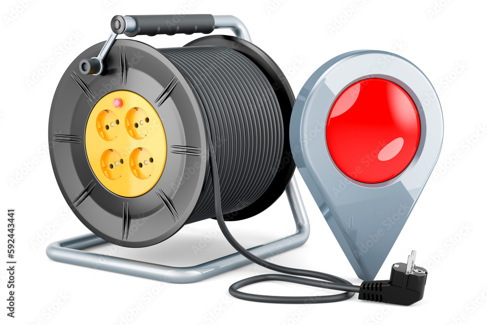 Poster industrial cable reel with map pointer, 3d rendering