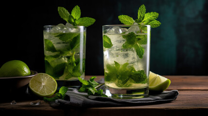 Incredible image of mojito cocktail with mint, ice and lemon on wooden table and preparation elements around it.