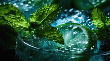Close-up image of mint decorating mojito cocktail.