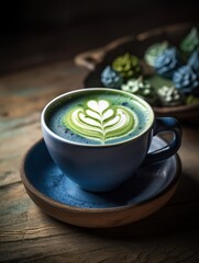 Blue Matcha Latte Tea in Handmade Craft Teacup. Food Realistic Illustration. Ai generative