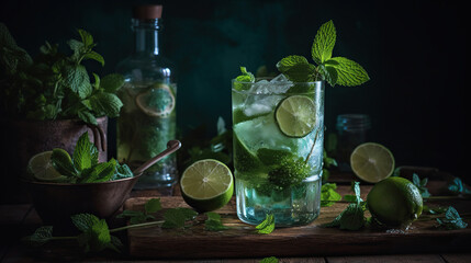 Incredible image of mojito cocktail with mint, ice and lemon on wooden table and preparation elements around it.