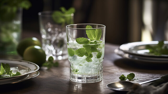 Amazing image of mojitos cocktails with mint, ice and lime on family table.