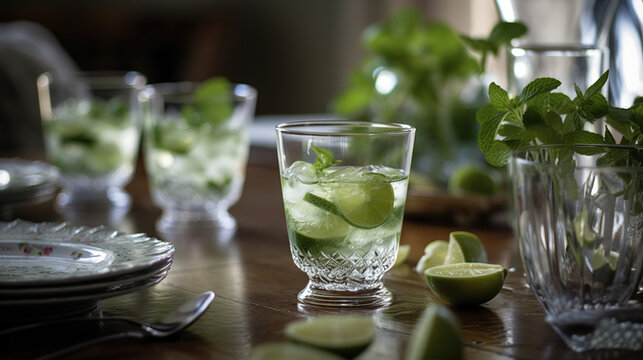 Amazing image of mojitos cocktails with mint, ice and lime on family table.