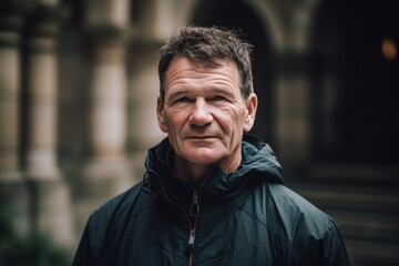 Fototapeta premium Close-up portrait photography of a pleased man in his 50s wearing a comfortable tracksuit against a stained glass or cathedral background. Generative AI