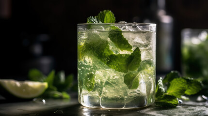 Incredible image of mojito cocktail with mint, ice and lemon on wooden table and preparation elements around it.