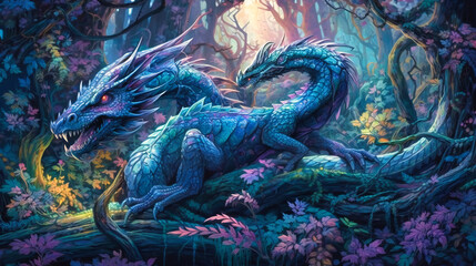 Purple and blue dragon in the forest