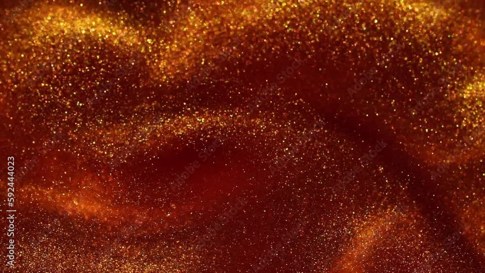 Wall mural slow motion of gold particles in red fluid. gold dust particles floating and dispersing in red fluid