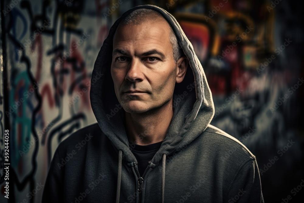 Wall mural Portrait of a middle-aged man in a hood over graffiti background.