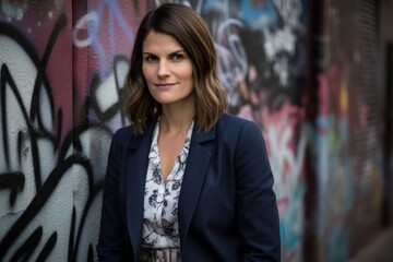 Portrait of a beautiful young business woman in front of graffiti wall
