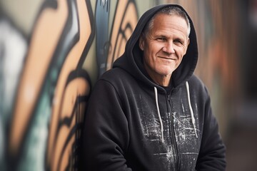 Portrait of a smiling senior man in a hoodie leaning against a wall.