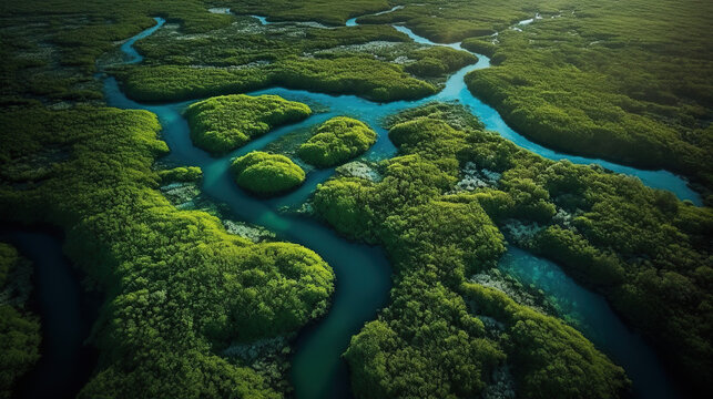 Drone image of many rivers and forest.