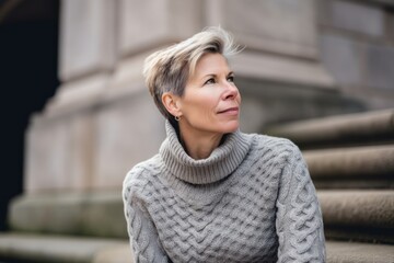 Portrait of a beautiful middle-aged woman in a gray sweater outdoors
