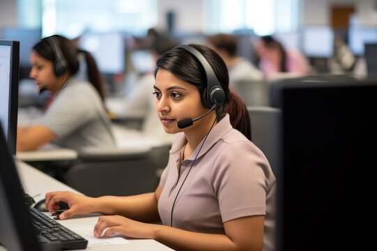 IT helpdesk woman engaged in customer support with a busy office in the background, during the early morning