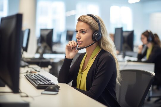 IT helpdesk worker engaged in customer support with a busy office in the background, during the early morning