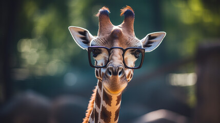 Giraffe portrait with glasses and forest in background.
