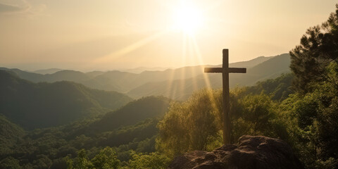 cross on top of a mountain in sunny day generative ai