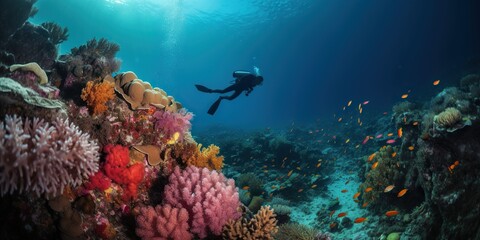Naklejka na ściany i meble Rear view of underwater shot of scuba diver exploring mesmerizing colorful coral reef, created with Generative AI technology