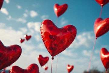 Fototapeta na wymiar celebrate day love red heart shaped balloons in blue sky generative ai